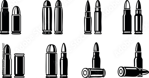 Collection of various black silhouette bullet cartridges and ammunition vector design elements for shooting and military themes