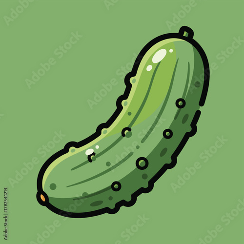 A cartoon illustration of a vibrant green pickle with a black outline and textured surface on a solid green background.