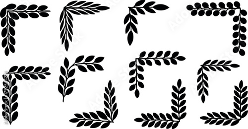 Decorative black wheat corner frames vector set with natural grain elements for design and decoration