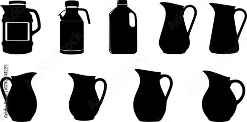 Jug silhouettes, Jug, Jug icon, Water jug silhouette, Milk jug silhouette, Water jug, Milk jug, Pitcher silhouette set