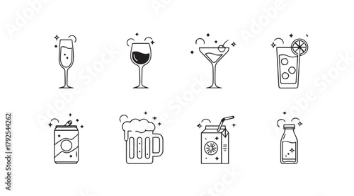 Collection of eight different cocktail and drink silhouettes in a clean line art style silhouette
