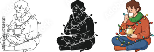 A person wrapped in christmas lights sits and drinks a warm beverage, in three different styles