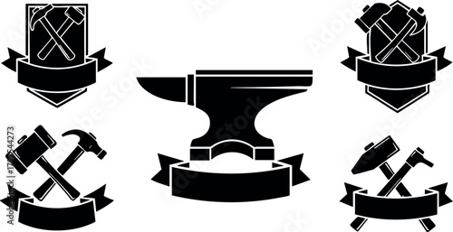 Blacksmith anvil and hammer crossed tools vector icons with ribbons for workshop or industry design