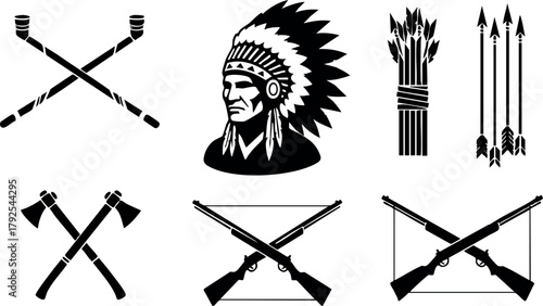Native American Chief Headdress and Tribal Weapons Vector Set with Tomahawks Arrows and Rifles Illustration