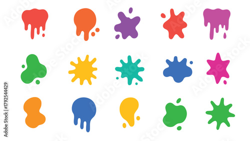 Colorful Paint Splash Icons – Bright Liquid Drops and Blob Shapes Vector Set
