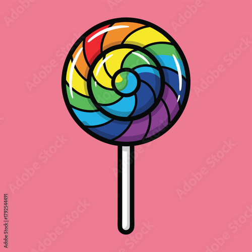 Vibrant rainbow swirl lollipop illustration on a bright pink background, featuring a classic sweet candy design.