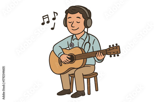 Male doctor relaxing and playing acoustic guitar while listening to music