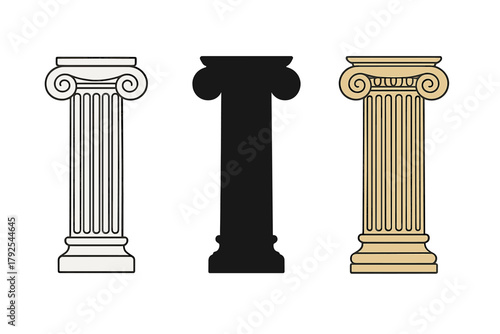 Three ancient Greek Ionic columns shown in outline, silhouette, and colored styles