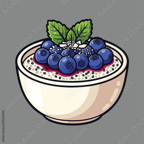 A cartoon illustration of a white bowl filled with creamy chia pudding, topped with fresh blueberries, sesame seeds, and mint leaves on a grey background.
