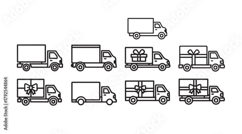 Collection of delivery truck silhouettes with and without gift boxes silhouette