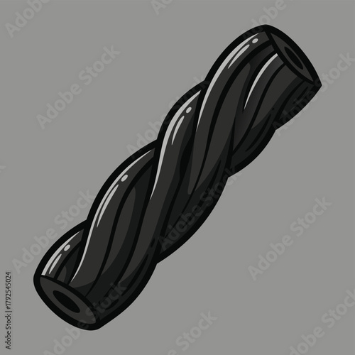 A single piece of black twisted licorice candy with a glossy finish on a plain grey background.