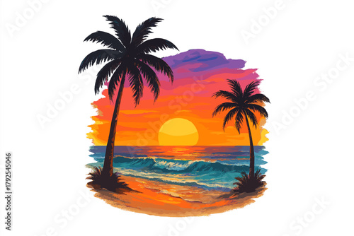 Tropical beach sunset with dramatic orange and purple sky and two silhouetted palm trees