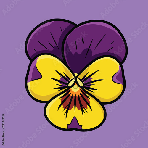 Stylized illustration of a vibrant purple and yellow pansy flower with a dark center on a solid light purple background.