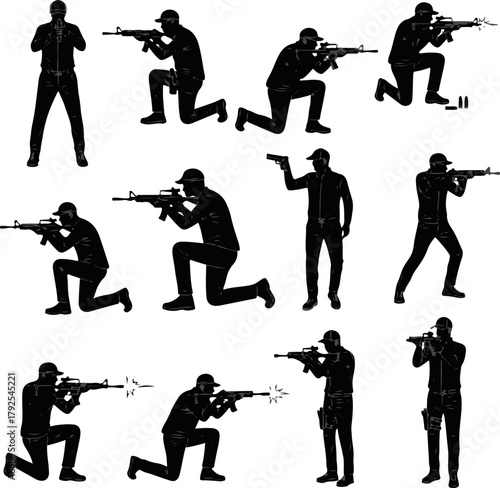 Black Silhouette of 12 Dynamic Shooting Poses – High Detail Action Silhouette on White Background