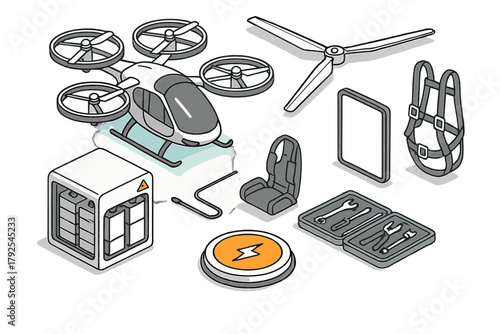Isometric set of components for electric vertical takeoff and landing aircraft and maintenance equipment