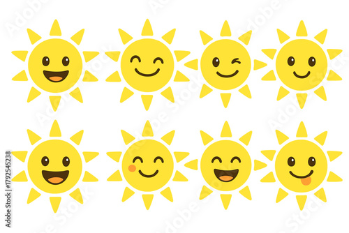 Set of eight yellow sun characters showing smiling, winking, and laughing faces