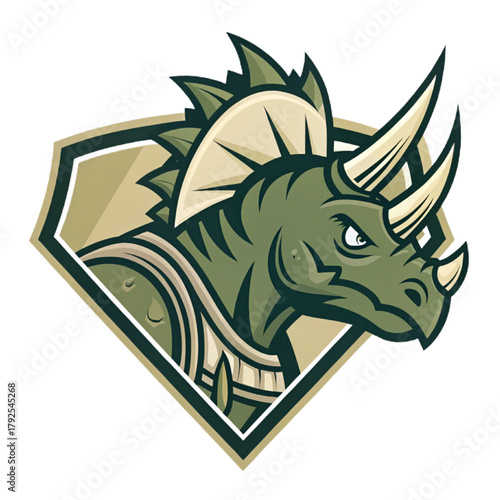 Triceratops Warrior Esport Mascot Logo Vector – Prehistoric Armored Dinosaur Emblem with Solid Olive‑Green and Beige Flat Design, Geometric Composition, Modern Gaming Crest

