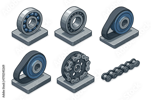 Isometric collection of mechanical transmission components like ball bearings, timing belts, pulleys, and roller chains