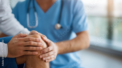 Physiotherapist examining knee joint during therapy defocused clinic, faceless rehabilitation session, orthopedic visualization detail, blurred modern background, treatment concept