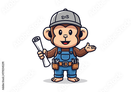 Cute cartoon monkey character dressed as a mechanic or engineer holding a blueprint.