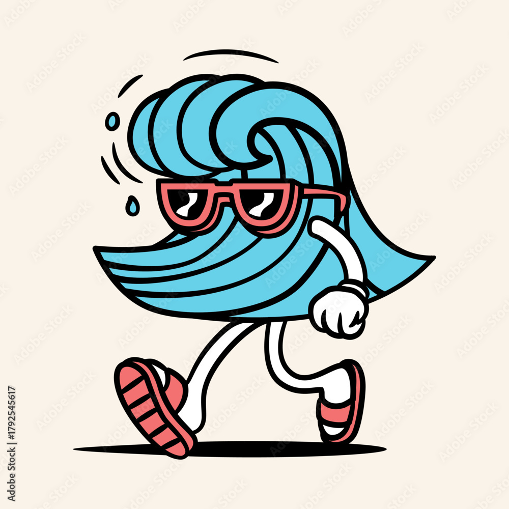 Obraz premium Blue ocean wave character with sunglasses, walking confidently in a summer surf style.