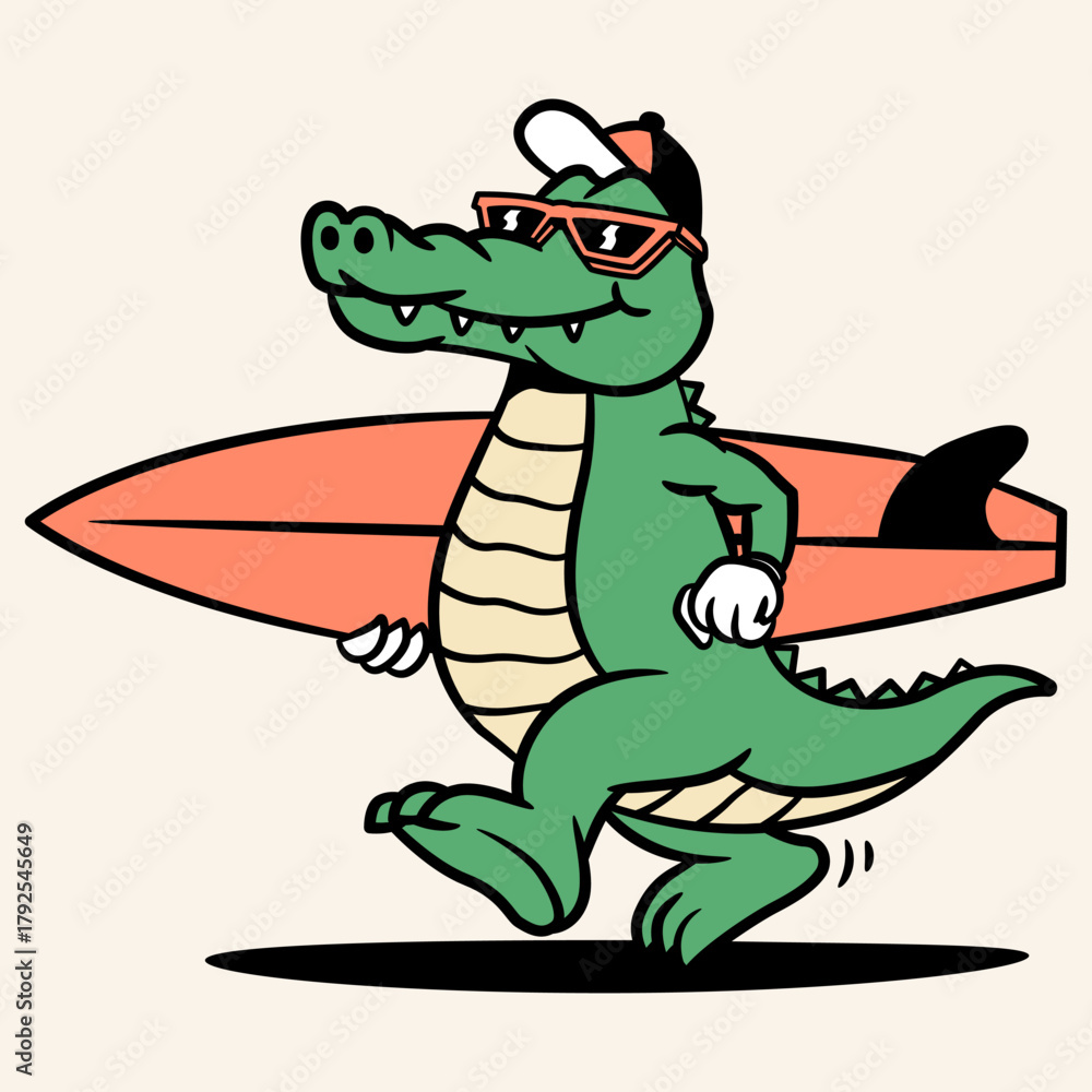 Fototapeta premium Crocodile surfer cartoon holding a surfboard, wearing a cap and walking with attitude.