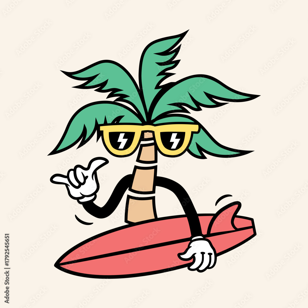 Naklejka premium Palm tree character with sunglasses and surfboard, giving off tropical surfer vibes.