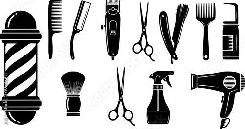 Barber tools silhouette, Barber tools, Barbershop tools, Hairdressing tools set, Barbershop equipment silhouette, Salon tools silhouette, Hairdresser tools icons set