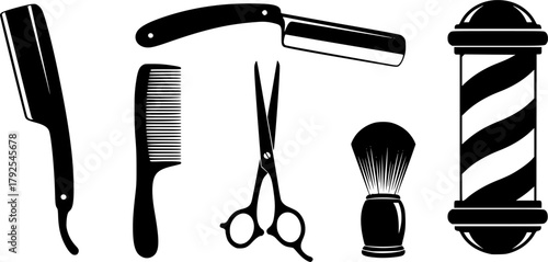 Barber tools silhouette, Barber tools, Barbershop tools, Hairdressing tools set, Barbershop equipment silhouette, Salon tools silhouette, Hairdresser tools icons set