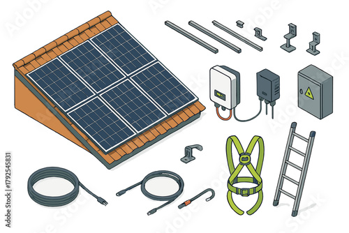 Photovoltaic solar panel system components and installation equipment in isometric view