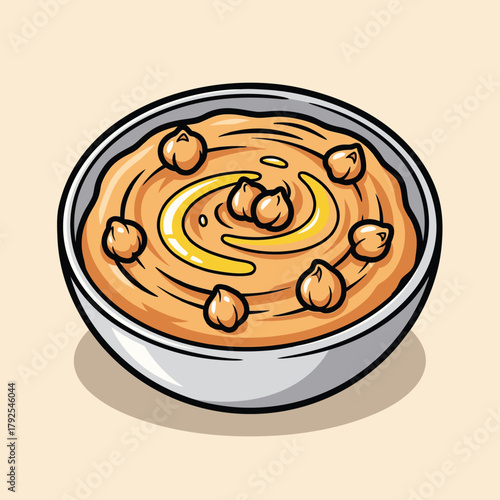 A cartoon illustration of a bowl of creamy hummus topped with whole chickpeas and a swirl of olive oil, ready to eat.