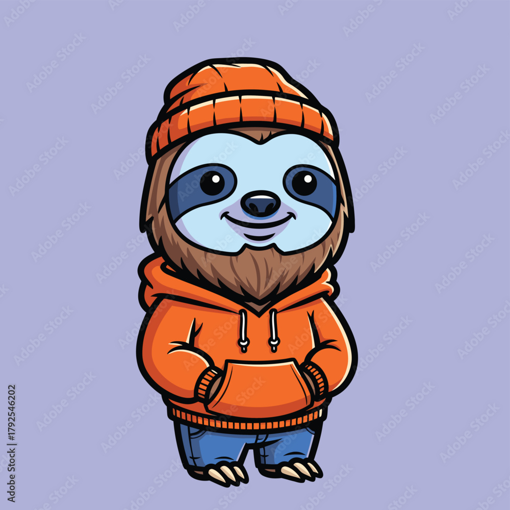Naklejka premium Cute cartoon sloth wearing an orange beanie and matching hoodie, with blue jeans, standing against a light purple background.