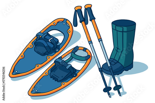 Winter hiking equipment set featuring snowshoes, adjustable trekking poles, and insulated snow boot