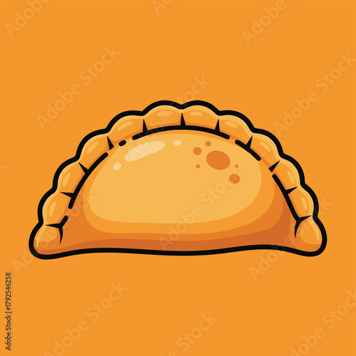 A cartoon illustration of a golden-brown empanada with crimped edges and a slightly textured surface, set against a vibrant orange background.