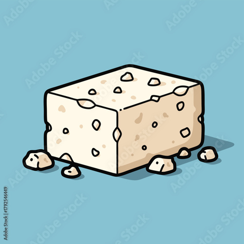 A cartoon illustration of a block of white cheese with crumbs on a light blue background.