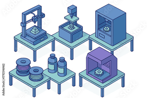 Isometric collection of 3D printers and additive manufacturing equipment with materials