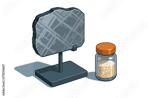 Polished iron meteorite specimen on a display stand next to a glass jar of cosmic dust