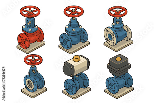 Industrial pipeline valves and actuators collection in isometric view for engineering designs