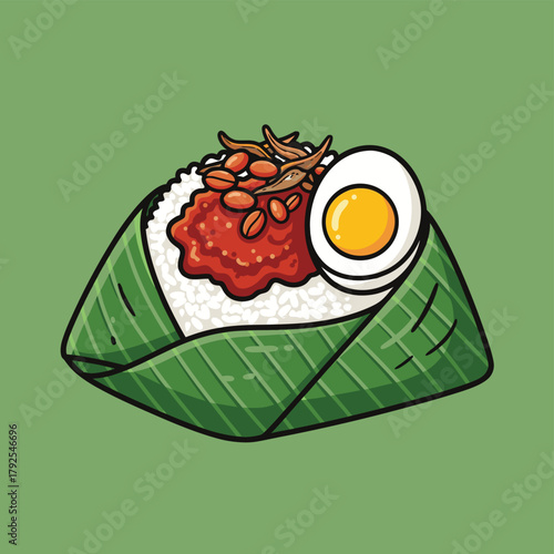 Cartoon illustration of Nasi Lemak wrapped in a banana leaf with rice, sambal, peanuts, anchovies, and a hard-boiled egg on a green background.