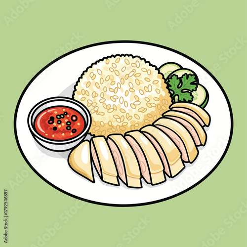 An illustration of a classic Hainanese chicken rice dish with sliced chicken, fragrant rice, chili sauce, and cucumber on a white oval plate.