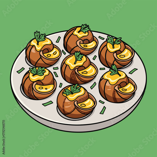 A plate of delicious escargots served in their shells, topped with rich yellow sauce and fresh parsley, garnished with chives.
