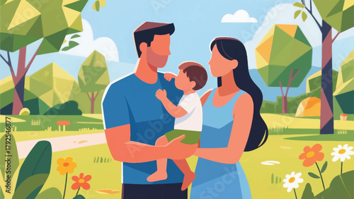 Illustration Of A Family Standing In The Park Vector Design Template