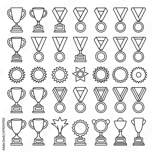 48 Unique Trophy and Award Icons Set – Sports, vector style coloring page 