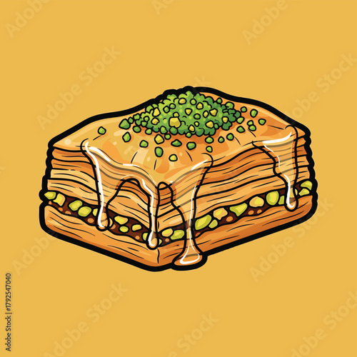 A delicious piece of baklava pastry with dripping syrup and a pistachio nut topping, presented as a vector illustration.