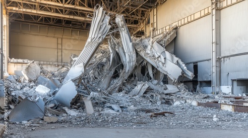 Demolished industrial building showing severe damage from impact