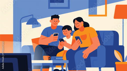 Illustration Of A Family Playing On Their Cell Phones Together, Sitting On The Sofa Vector Design Template