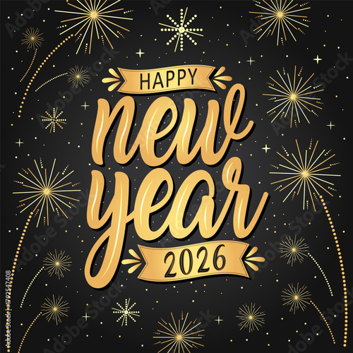 Happy new year 2026 with festive. Lettering Composition With Stars And Sparkles. Vector Illustration. dark background. holyday decorative elements, congratulation.