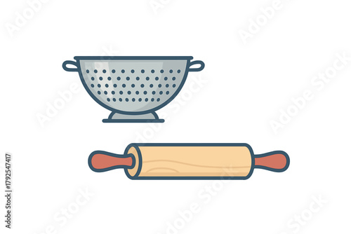 Essential kitchen tools set featuring a metal colander and a wooden rolling pin for cooking and baking