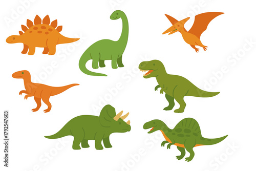 Collection of cute prehistoric dinosaur characters featuring T-Rex, Triceratops, and Stegosaurus