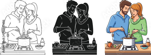 A loving couple cooking together at home, preparing a meal with fresh ingredients, in three versions outline, silhouette, and color
